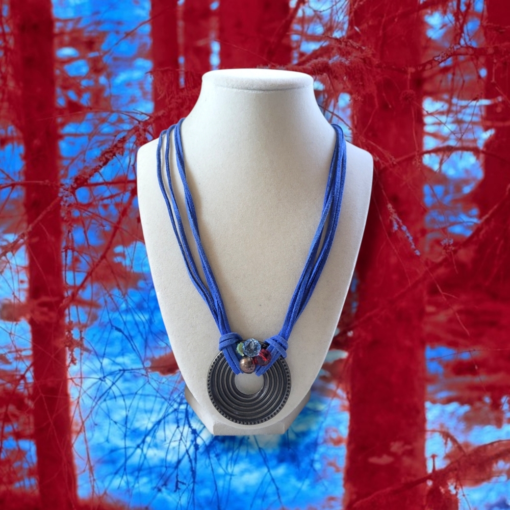 Boho Blue Suede Multi Strand Statement Pendant Necklace